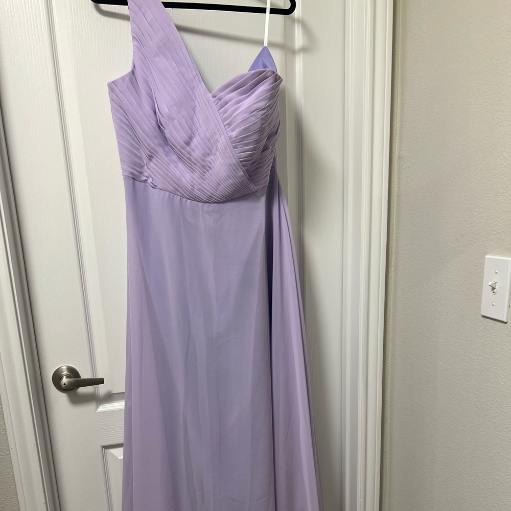 Violet long dress off one shoulder. Sz 12-14. Never worn. Chiffon